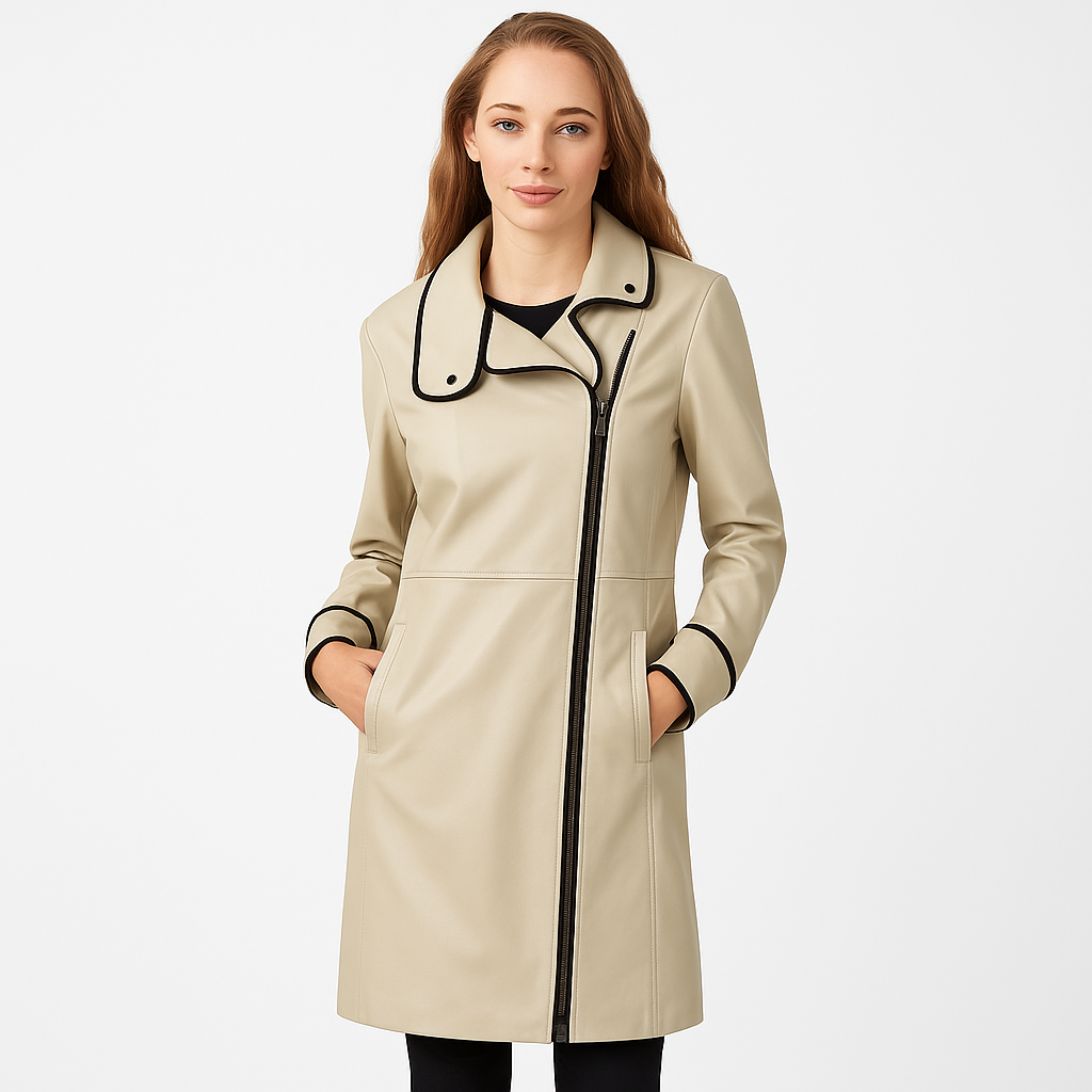 Women's Real Beige Leather Trench Alaska Coat