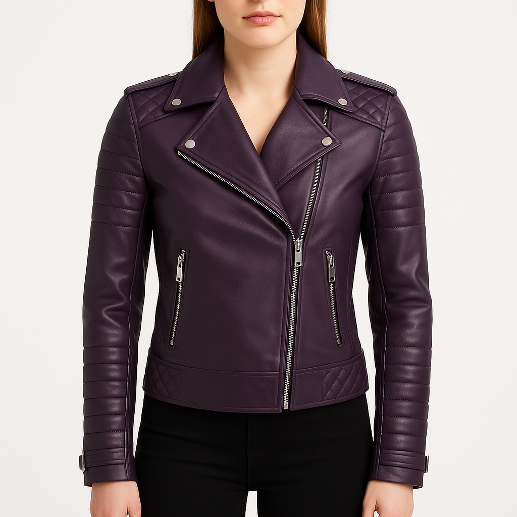 Women's Purple Leather Quilted Double Rider Jacket