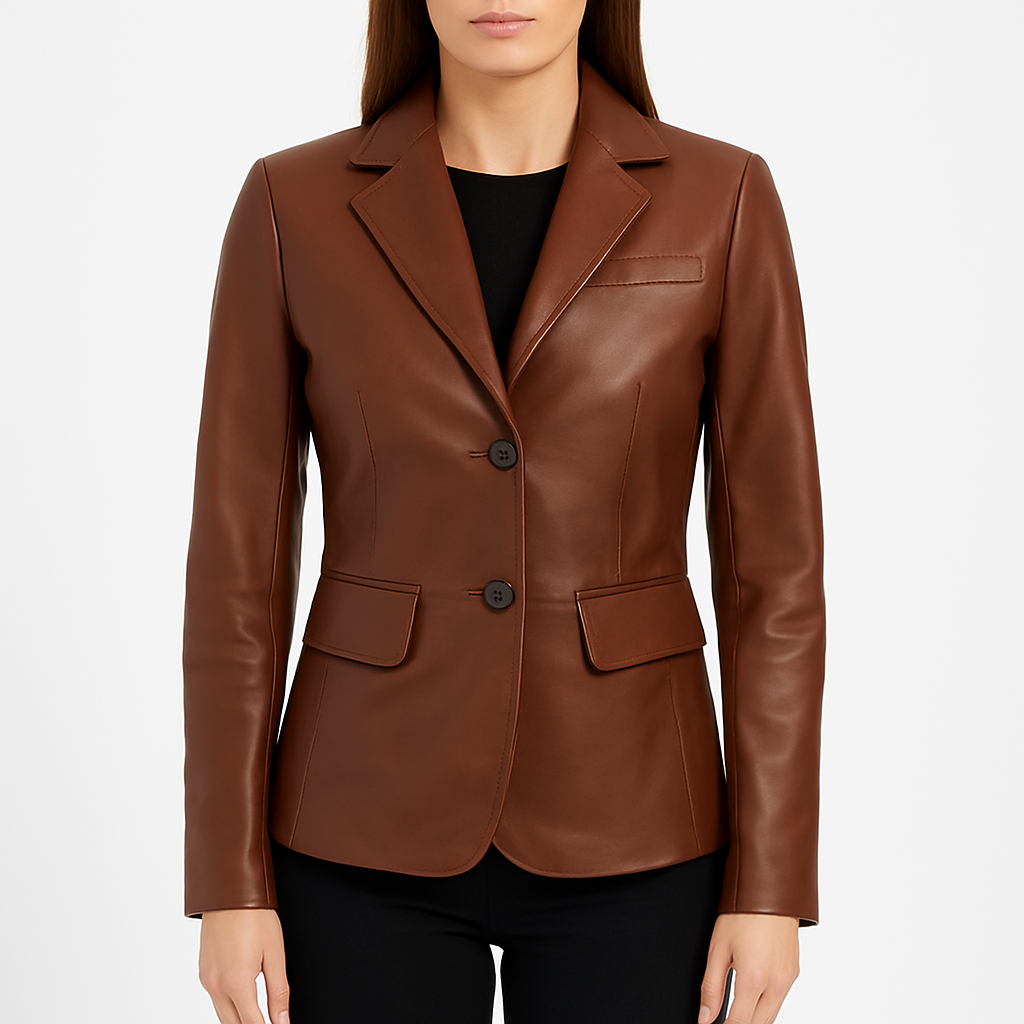 Women's Premium Two Button Brown Leather Blazer