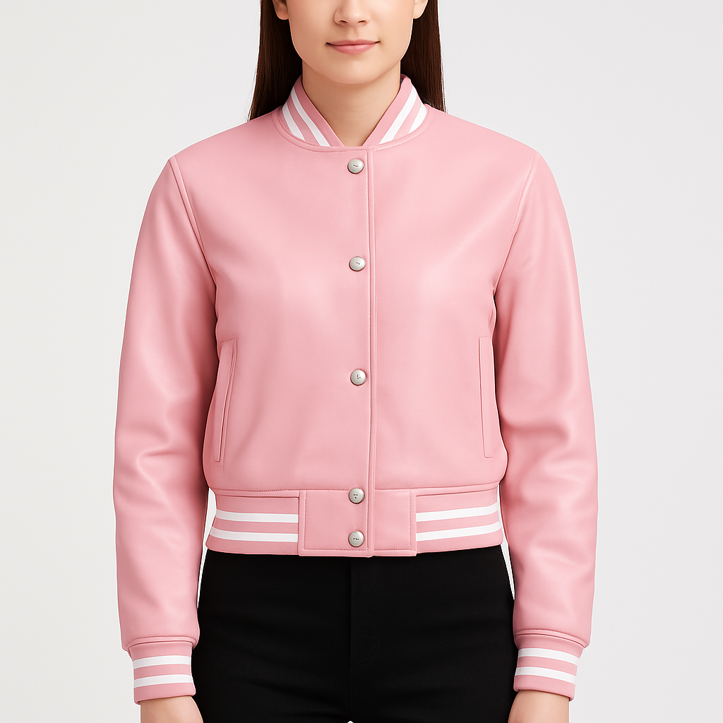 Women's Pink Leather Varsity Jacket