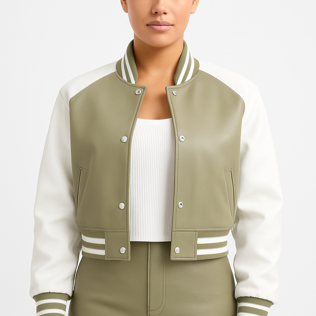 Women's Olive Green & White Leather Varsity Jacket