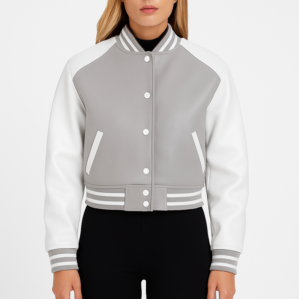 Women's Grey and White Leather Varsity Jacket