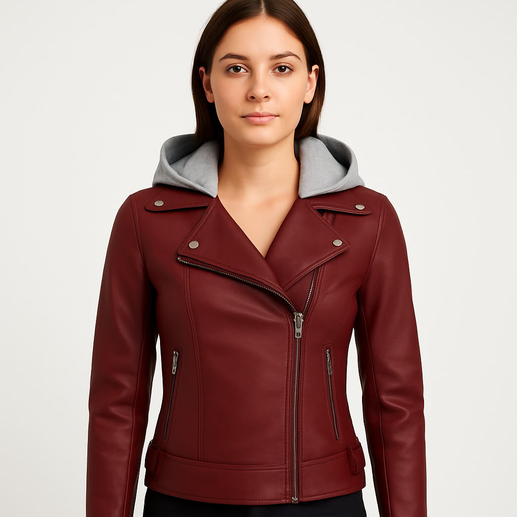 Women's Faux PU Leather Zip-Up Double-Breasted Moto Jacket with Hoodie