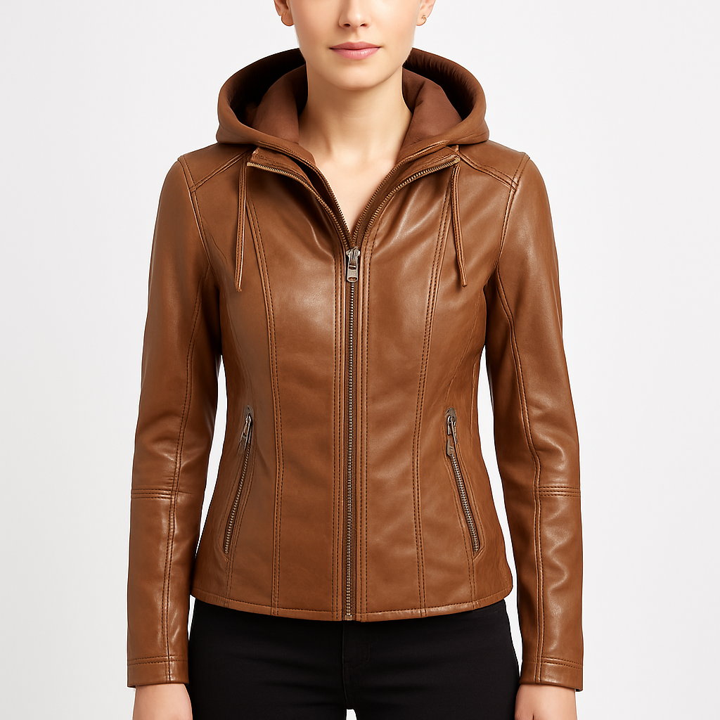 Women's Brown Leather Jacket with Removable Hood