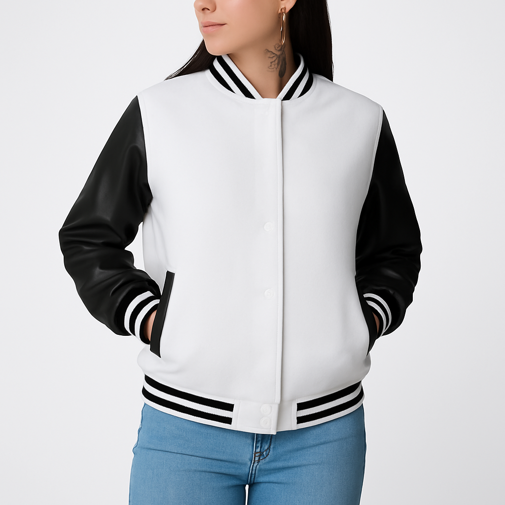 Women's Black and White Leather Varsity Jacket