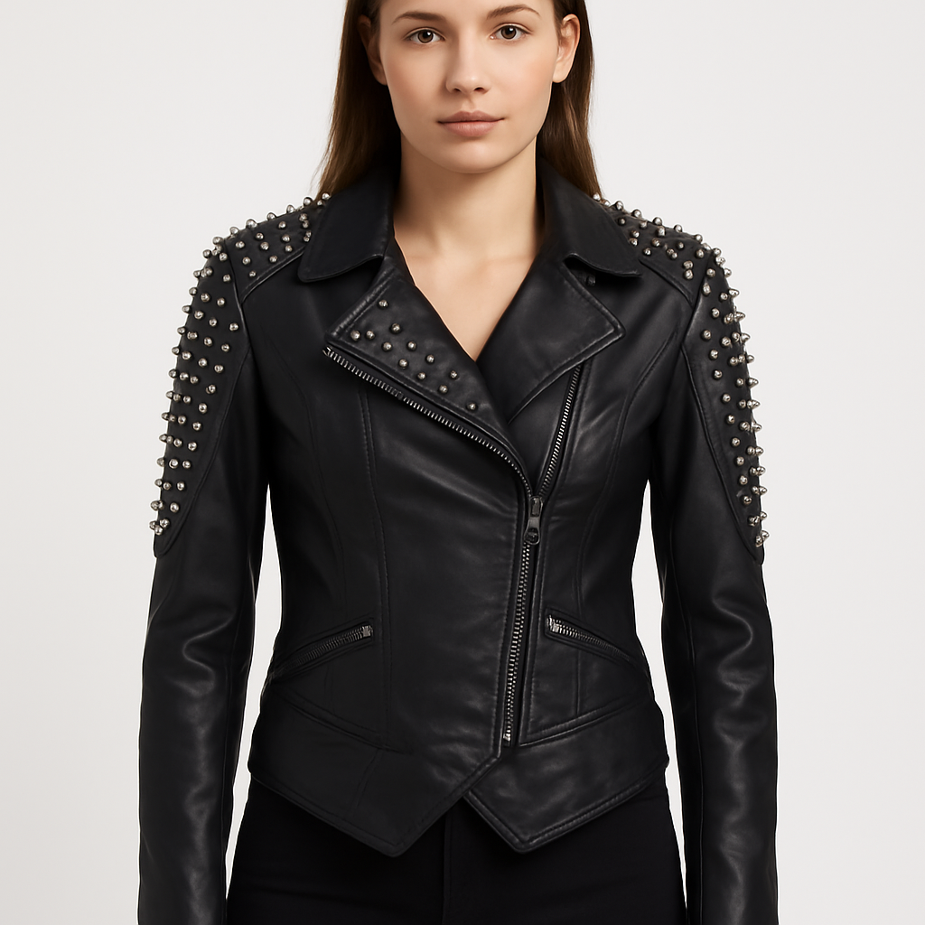 Women's Black Punk Studded Leather Moto Jacket