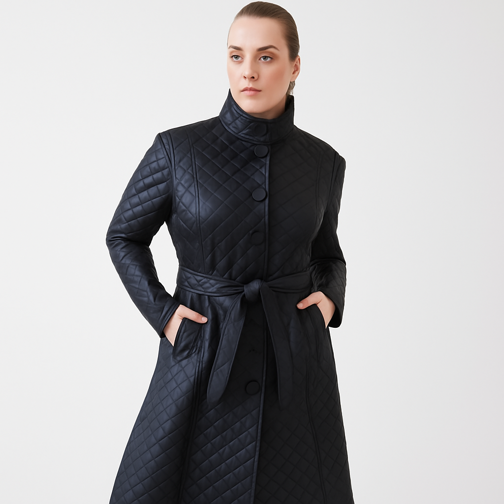 Women's Black Quilted Leather Trench Coat