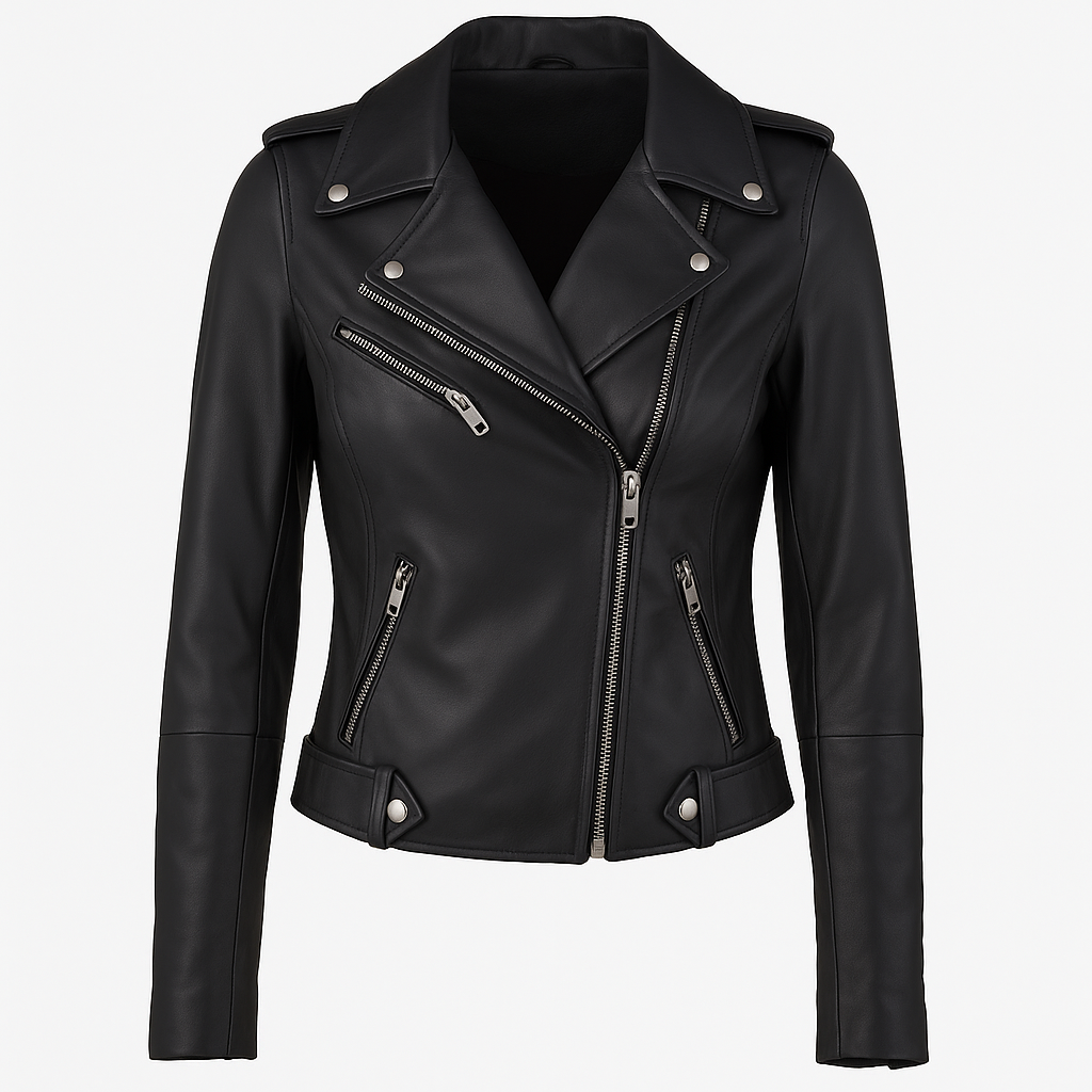 Women's Black Real Leather Biker Jacket with Asymmetrical Collar