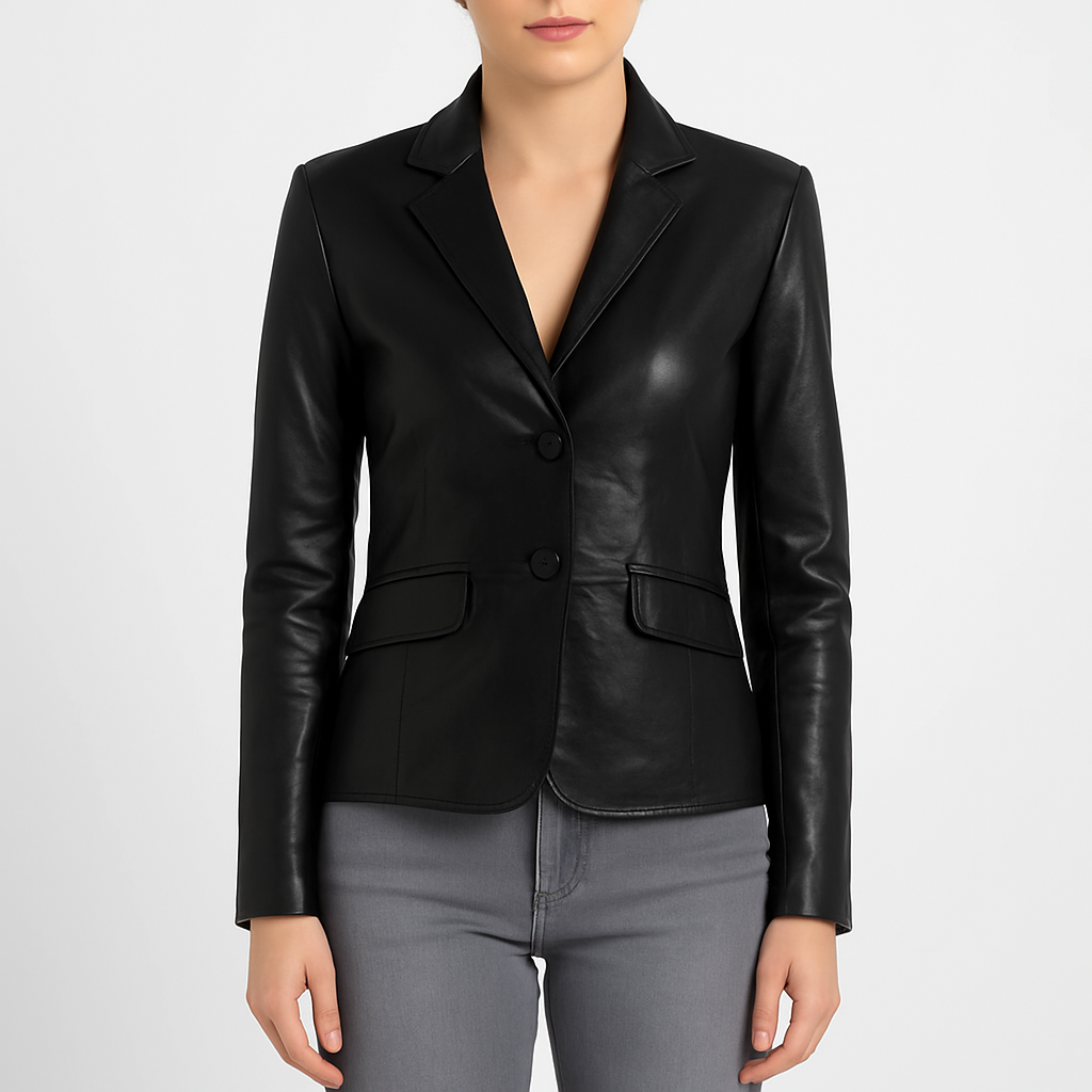 Women's Black Real Leather Blazer