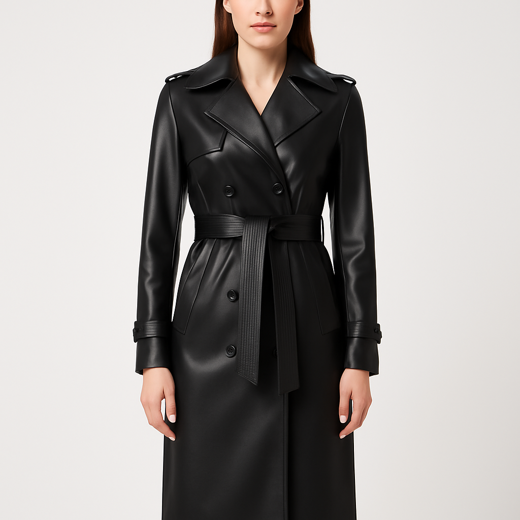 Women's Black Vegan Leather Trench Coat