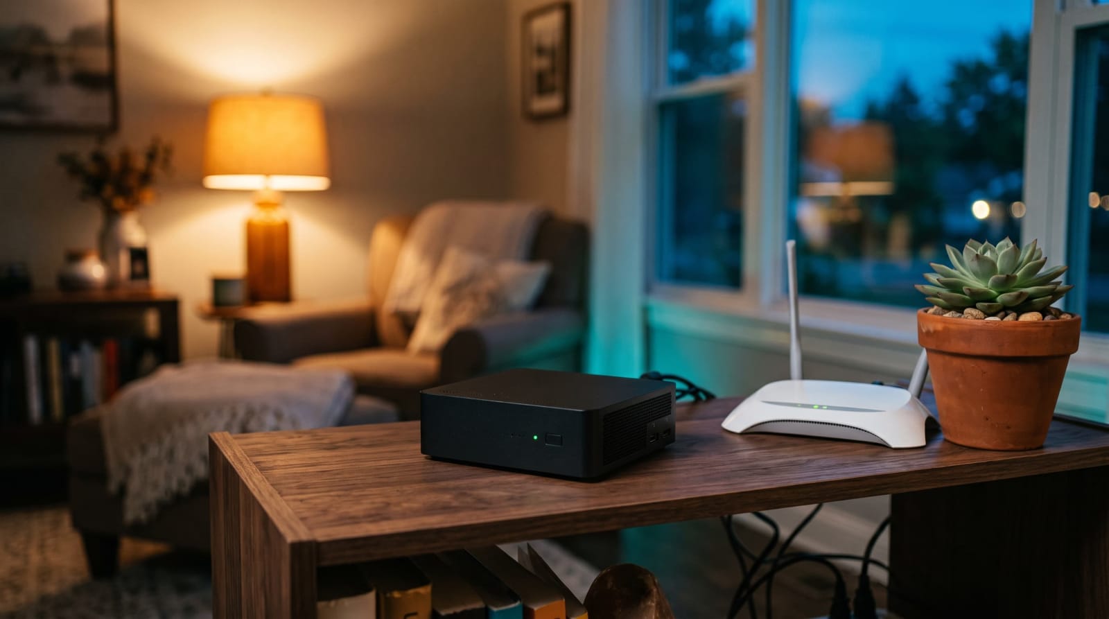 Small home server on a wooden shelf beside a Wi-Fi router in a warm living room at dusk