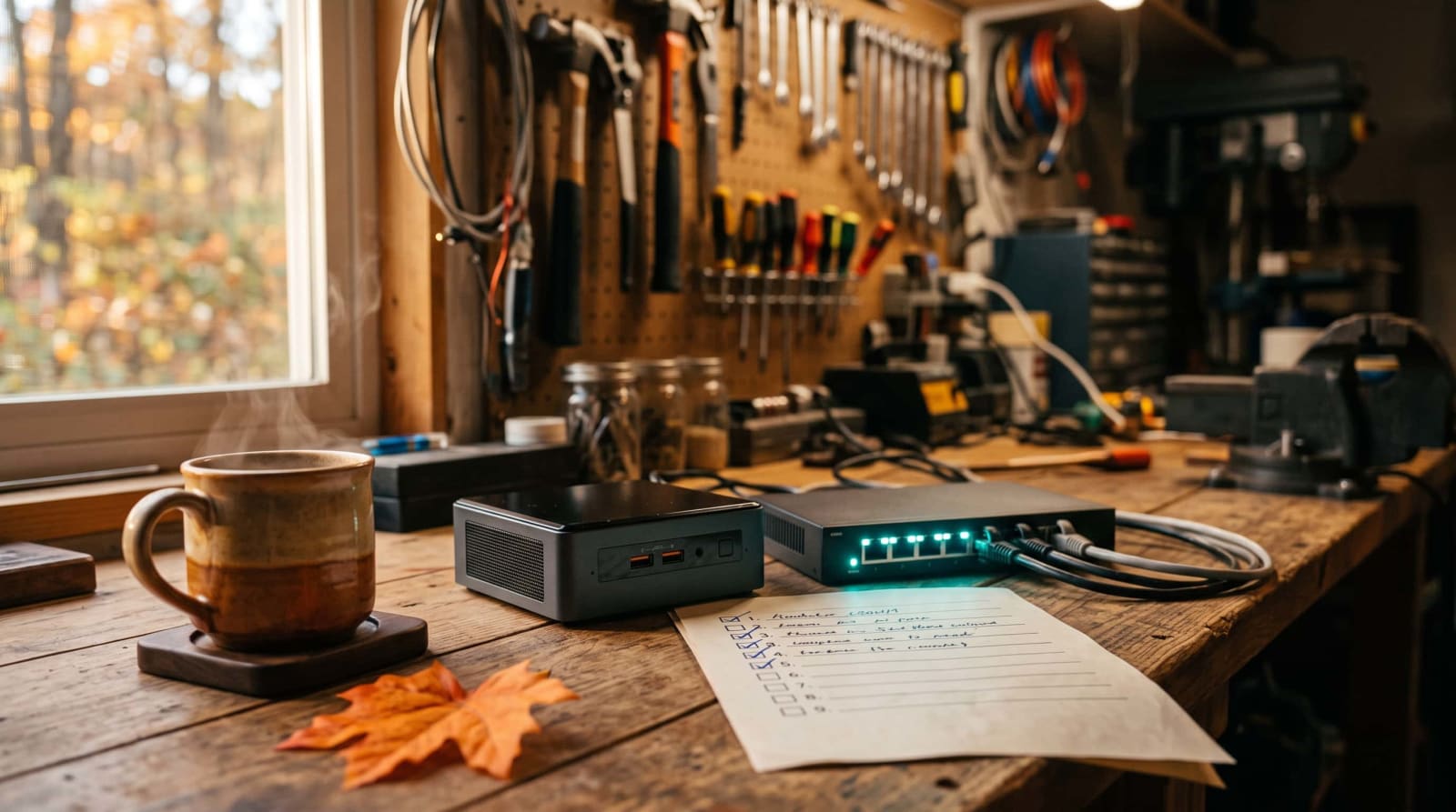 Homelab security checklist taped beside a mini PC server and network switch on a dark desk