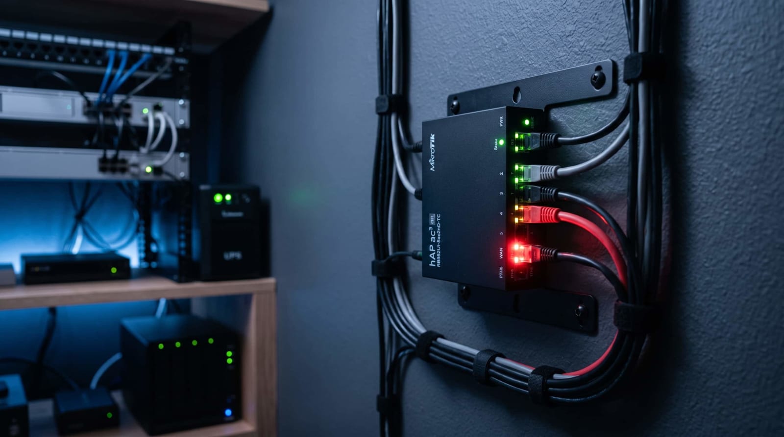 Home network closet with a MikroTik router flagged by a critical RouterOS vulnerability.