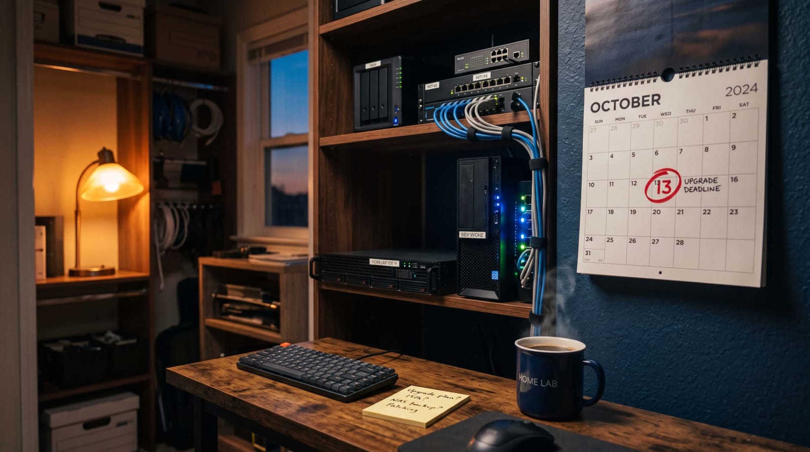 Home lab shelf with a calendar circling October 13, illustrating Windows Server 2022 end of support.