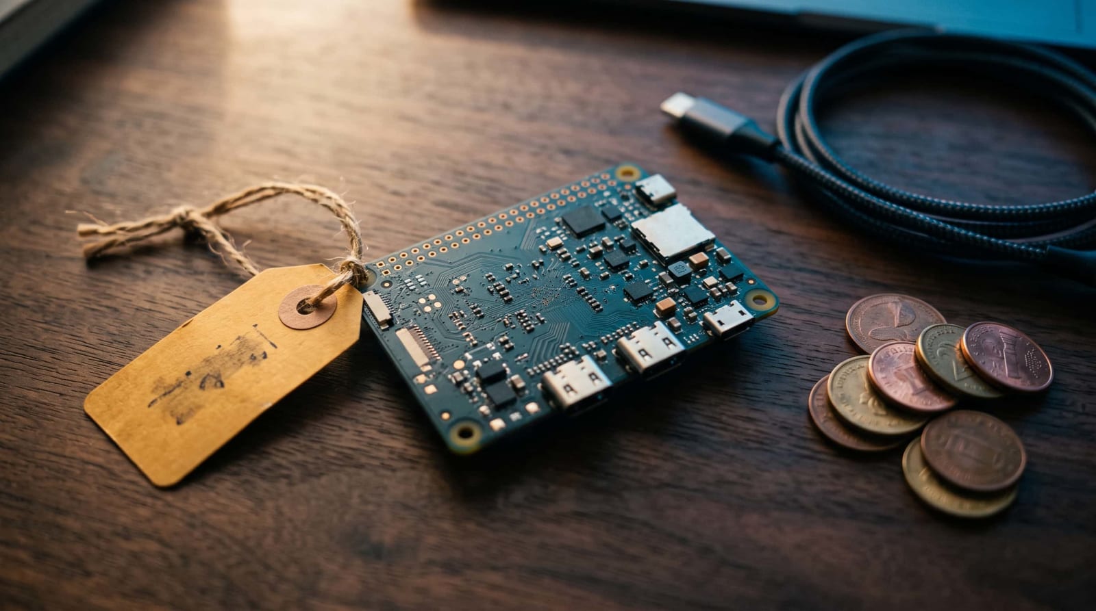 Raspberry Pi board with an amber price tag, showing the latest price increase for 2GB models