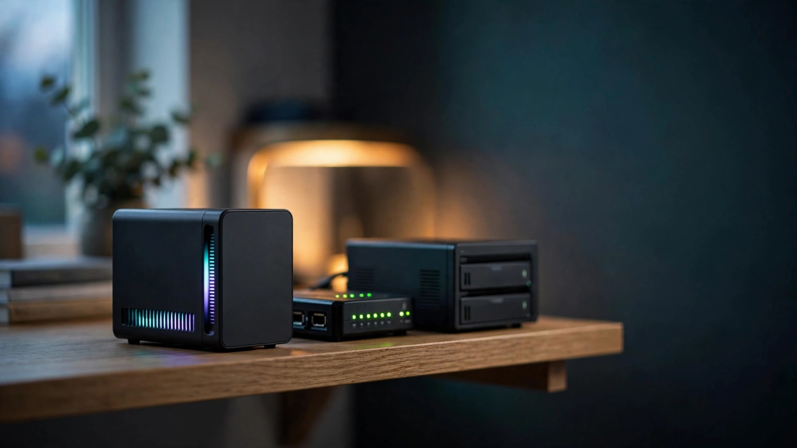 Compact RTX 5090 mini PC glowing on a home lab shelf beside a router and NAS