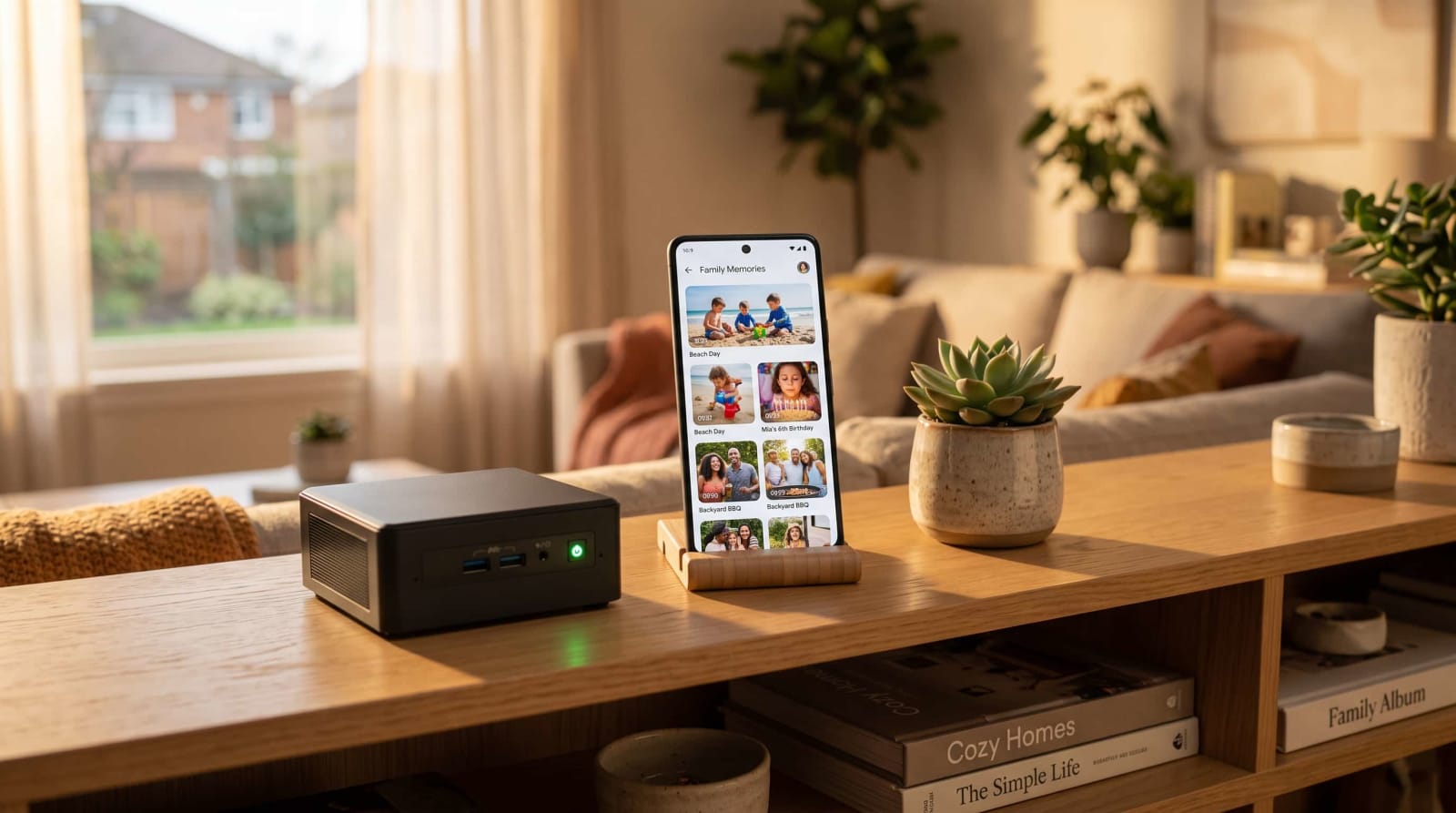 Immich home server setup with a mini PC and phone showing a photo timeline