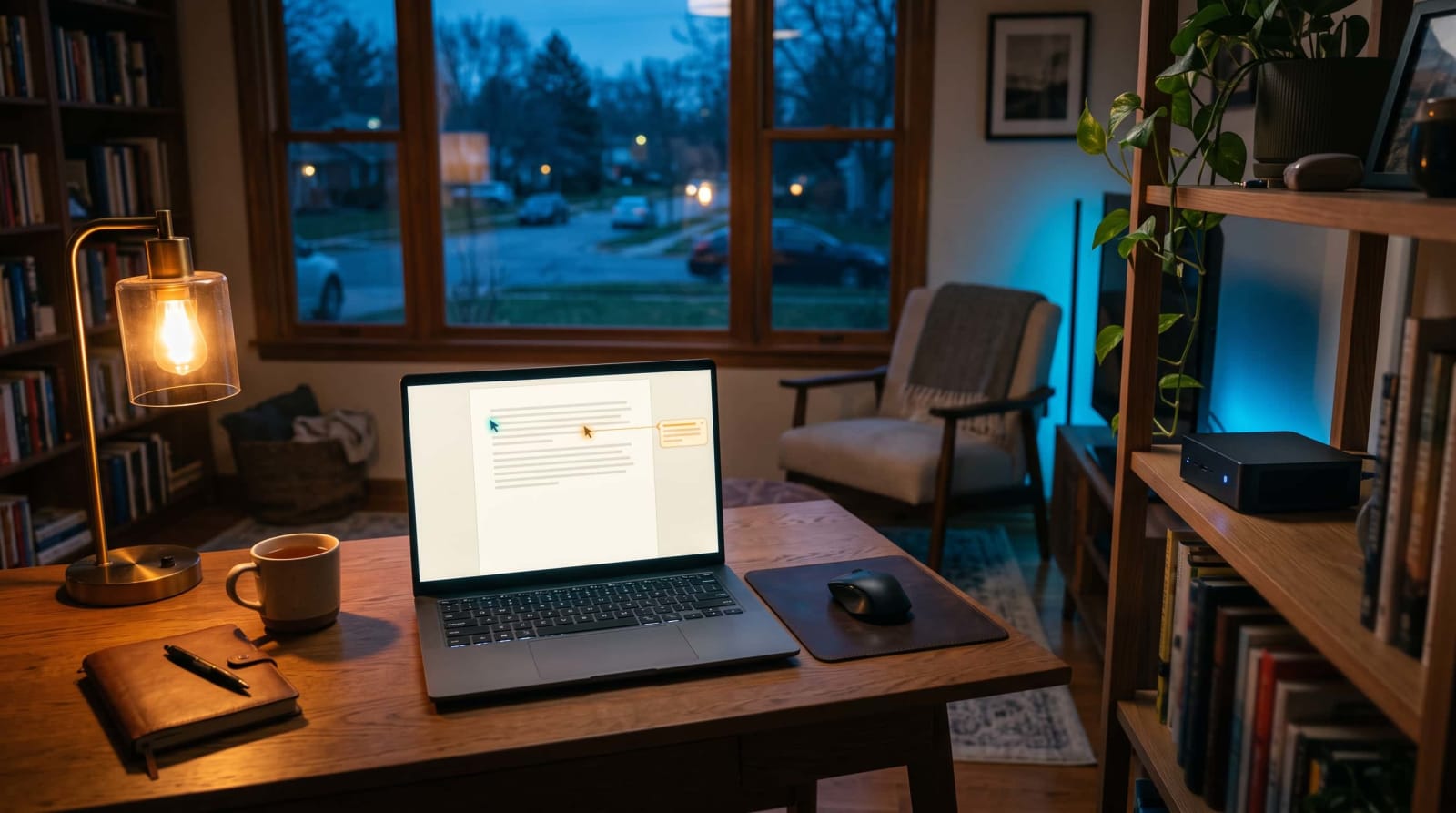 Laptop showing a shared document with two colored cursors beside a small home server running Nextcloud Write