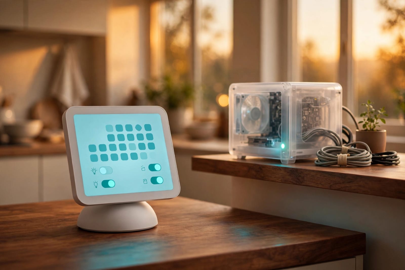 Smart display and home server squaring off in a kitchen, illustrating Apple HomeView vs Home Assistant.