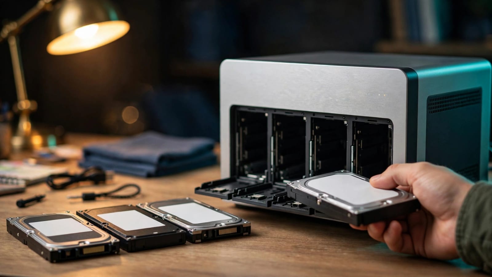 Four-bay NAS on a desk with non-Synology hard drives ready to install after DSM 7.3