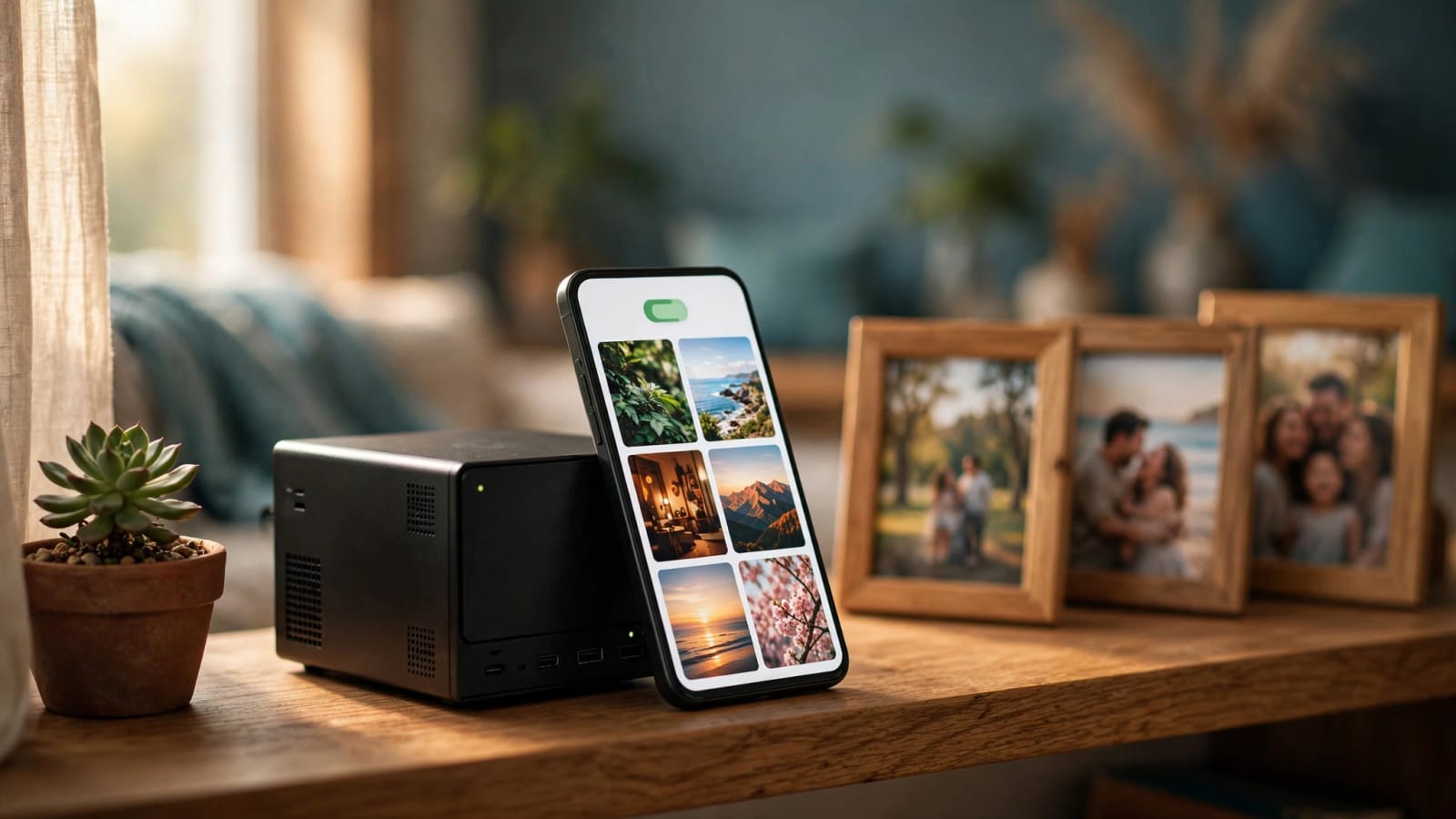 A small home server on a living-room shelf backing up phone pictures with ZimaOS Photos