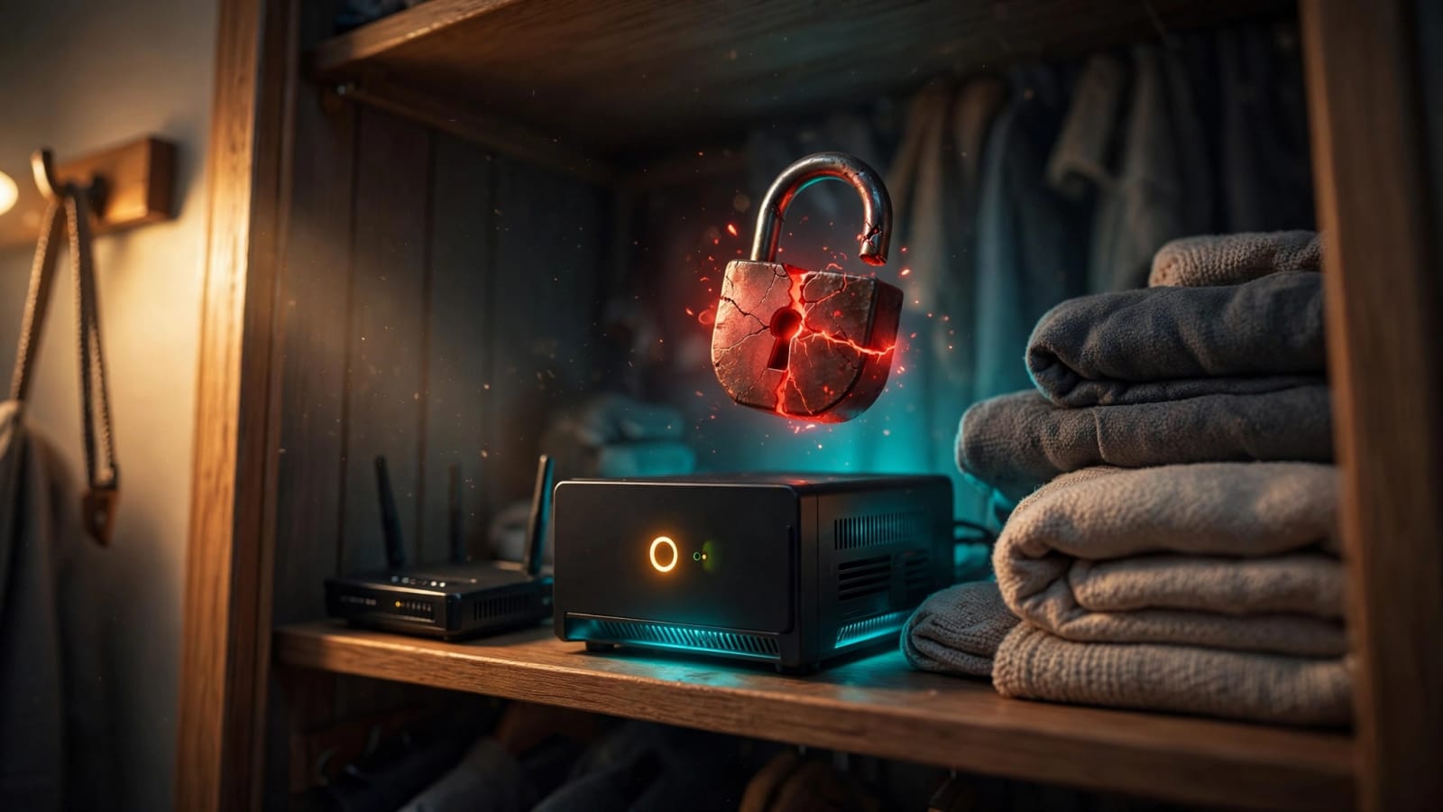 Home media server in a closet with a cracked red padlock, showing a Plex Media Server hacked warning