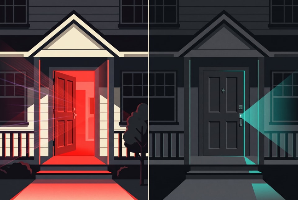 Open door with warning glow beside a locked door with a private tunnel, showing safer home server remote access.