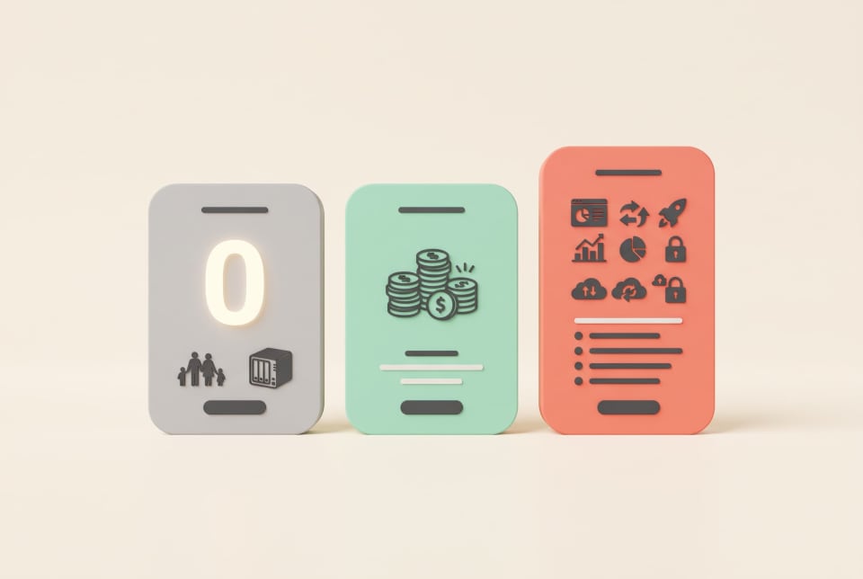 Three simple pricing cards, one showing a free plan for a family home server network.