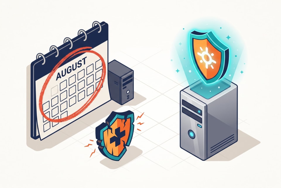 Calendar and shield icons illustrating Proxmox 8 end of life and the move to a newer server release