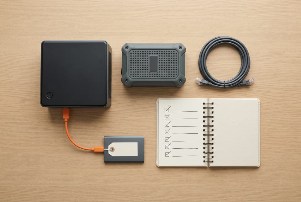 Proxmox 9 upgrade checklist laid out beside a mini PC, UPS battery, and external backup drive