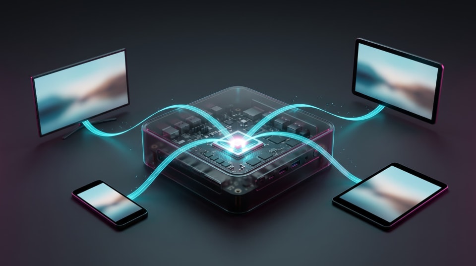 Cutaway mini PC with a glowing graphics chip streaming video, a Jellyfin hardware transcoding setup