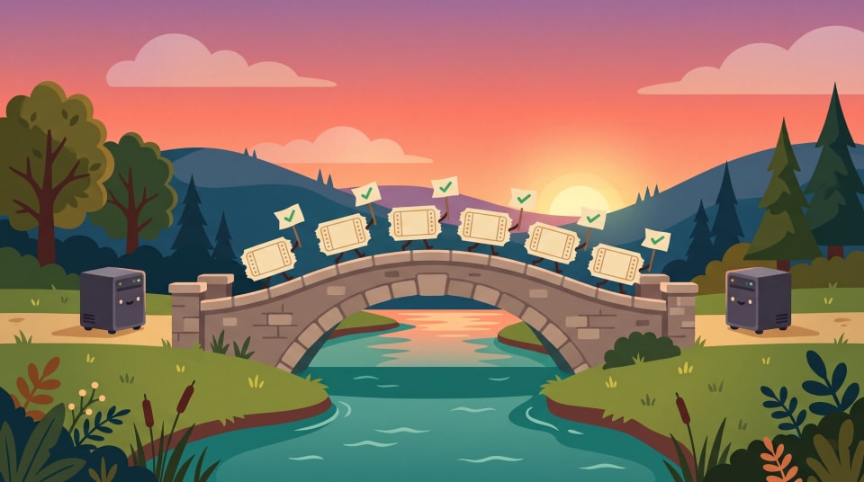 Ticket stubs crossing a bridge between two servers to move Plex watch history to Jellyfin