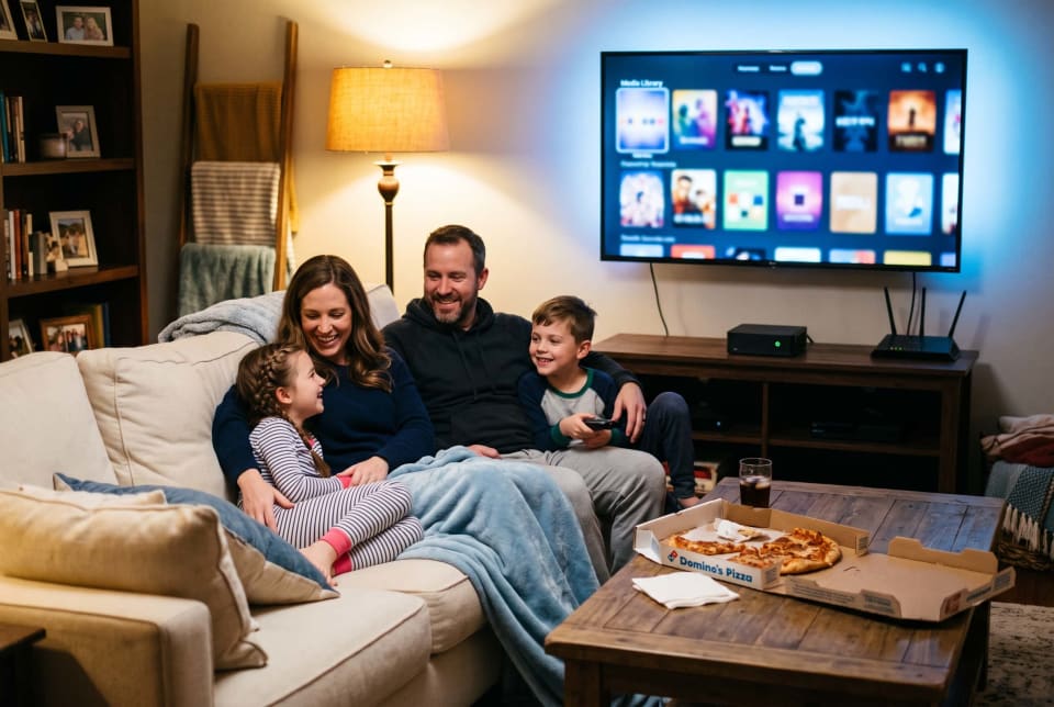 Family on a couch watching their Jellyfin library on TV, with a small home server on the shelf beside it