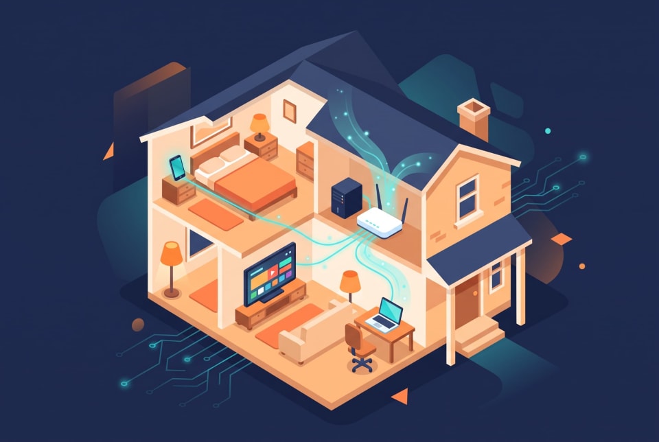 Cutaway illustration showing how a home server connects a phone, TV, and laptop through a home router