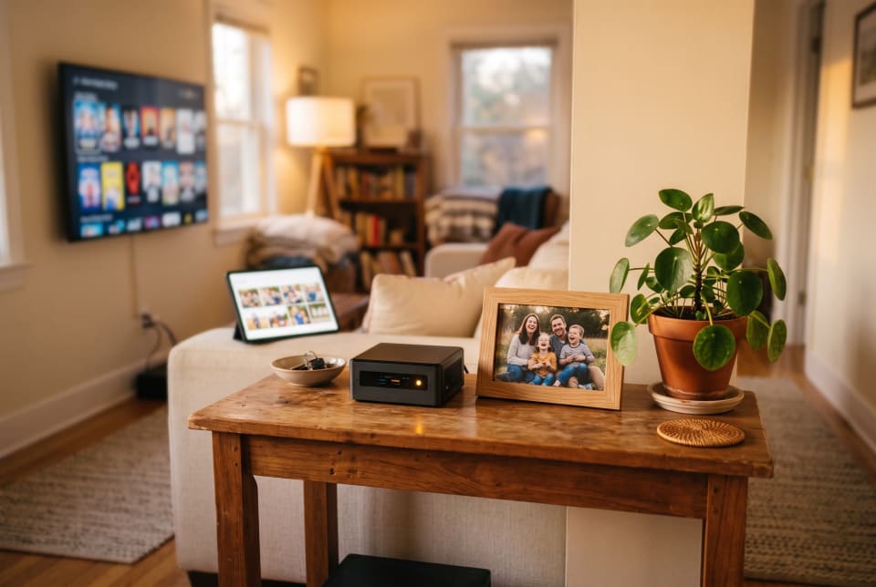 Family photos, movies, and smart home controls all powered by one small home server on a hallway shelf
