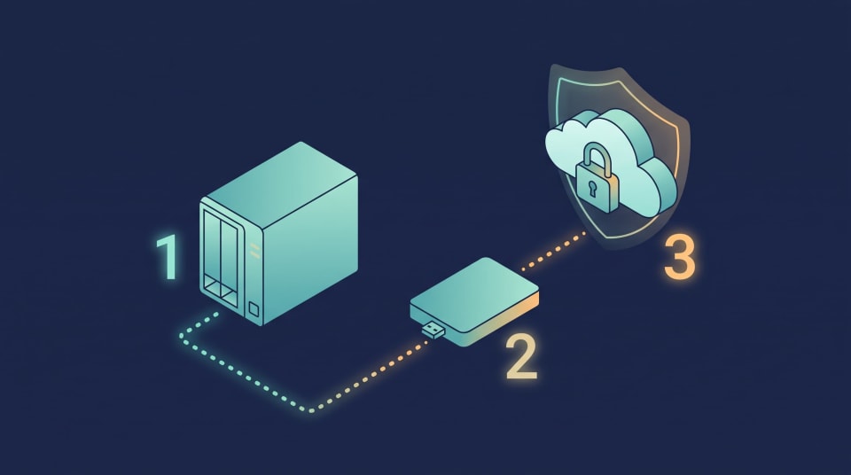 Diagram of the 3-2-1 backup rule with a NAS, local disk, and locked cloud copy
