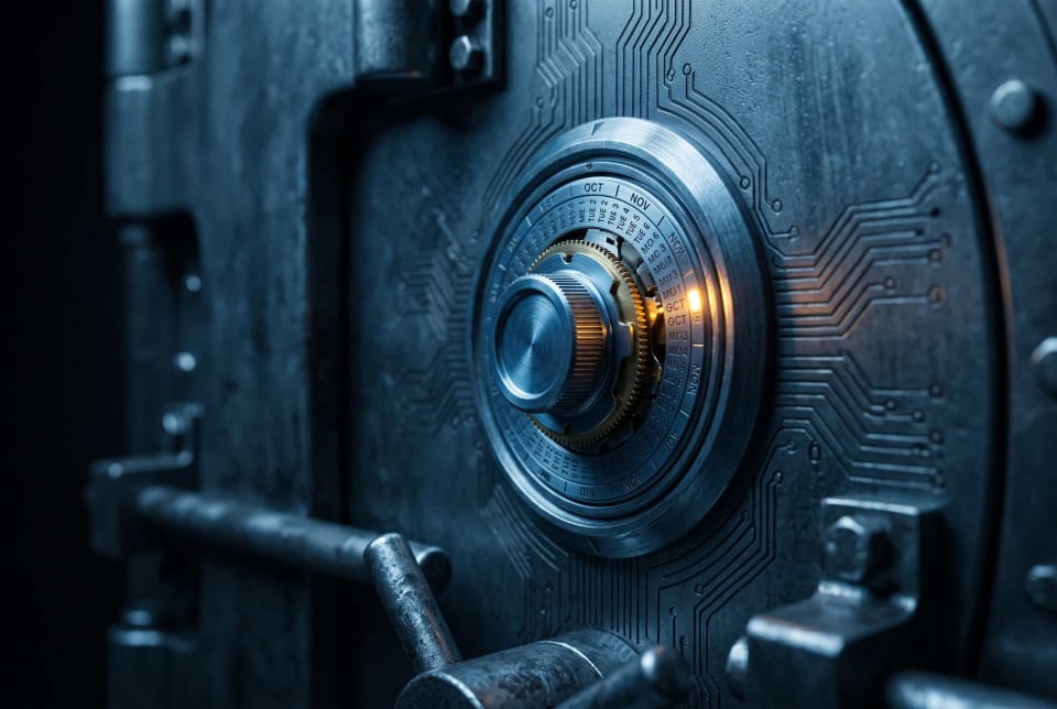 Vault door with a timer dial representing immutable backups for a home server