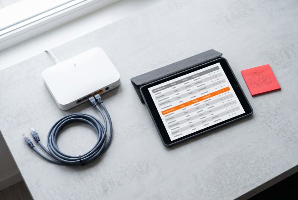 Tablet showing router port forwarding rules beside a home router, used to check open ports on a home network