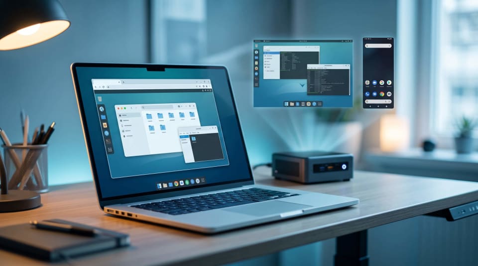 Windows 11 virtual machine open in a browser tab on a laptop, hosted by a home server