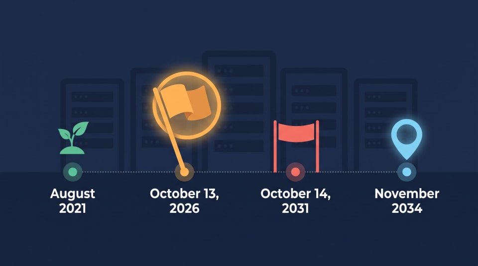 Timeline showing the Windows Server 2022 extended support end date of October 14, 2031.