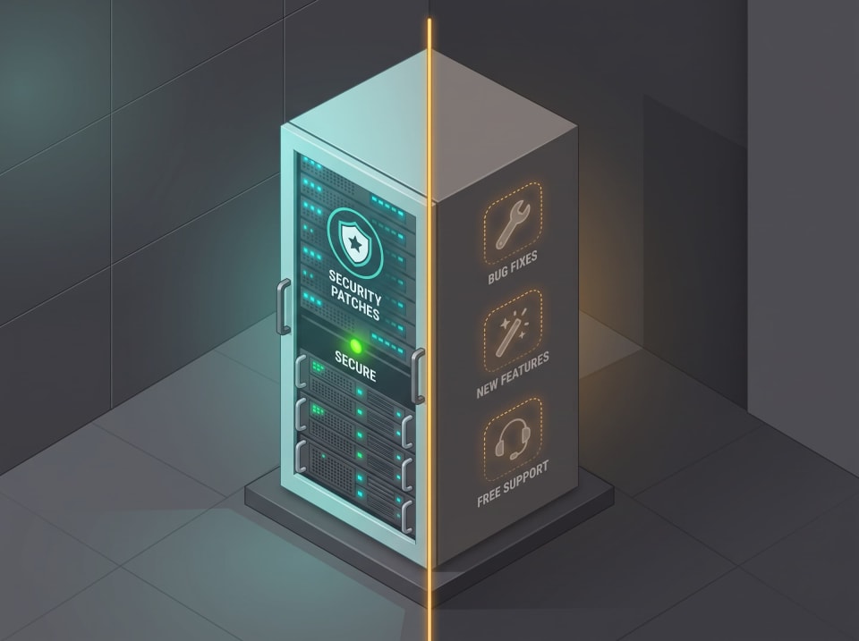 Split server illustration showing what is still supported after Windows Server 2022 mainstream support ends.