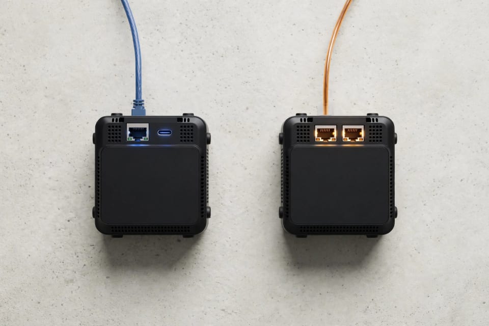 Rear ports on two small PCs highlighting FN80G vs FA80G network differences