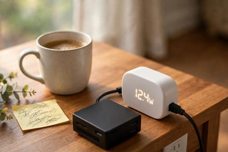 Power meter and compact PC on a desk, a mini PC for local LLM hosting in a U.S. home