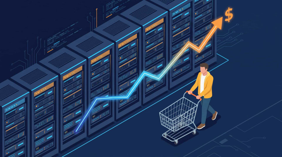 Illustration of data centers buying hard drives while a home shopper faces higher hard drive prices