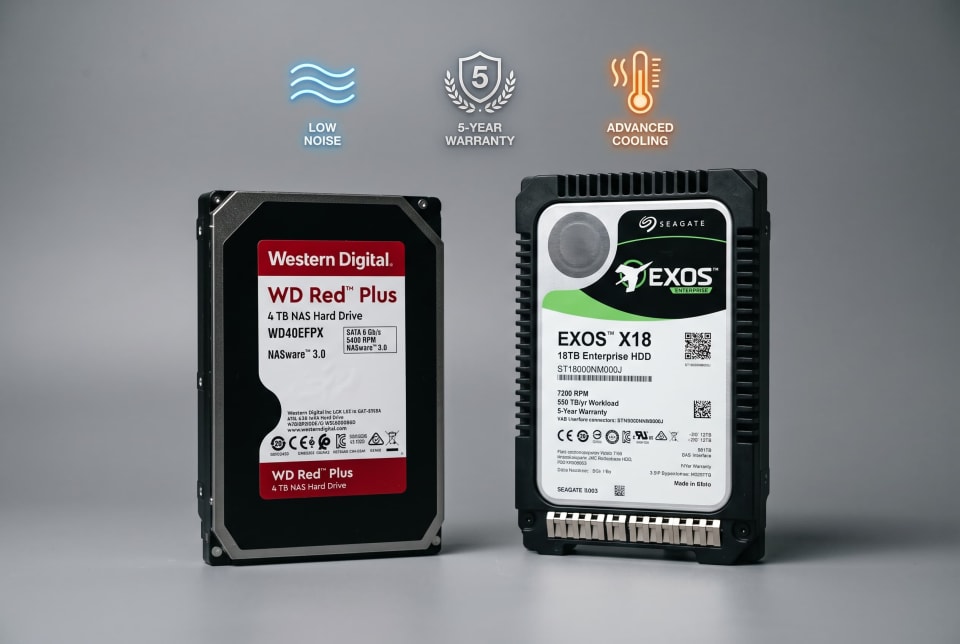 Side-by-side view of a WD Red and a Seagate Exos hard drive with noise, warranty, and heat icons