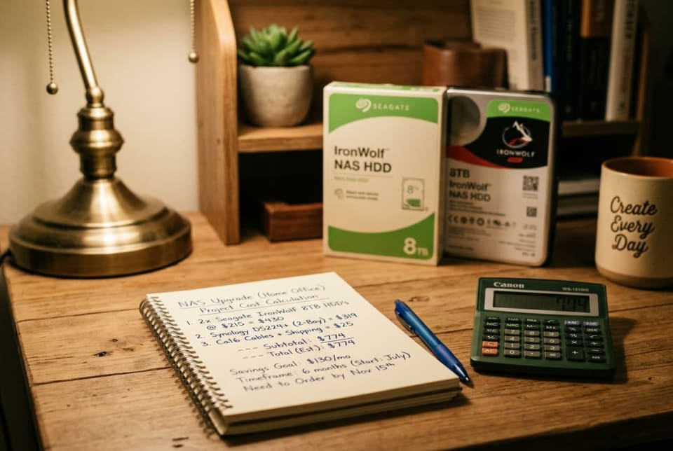 Handwritten cost per TB calculation next to a calculator and two hard drive boxes on a desk