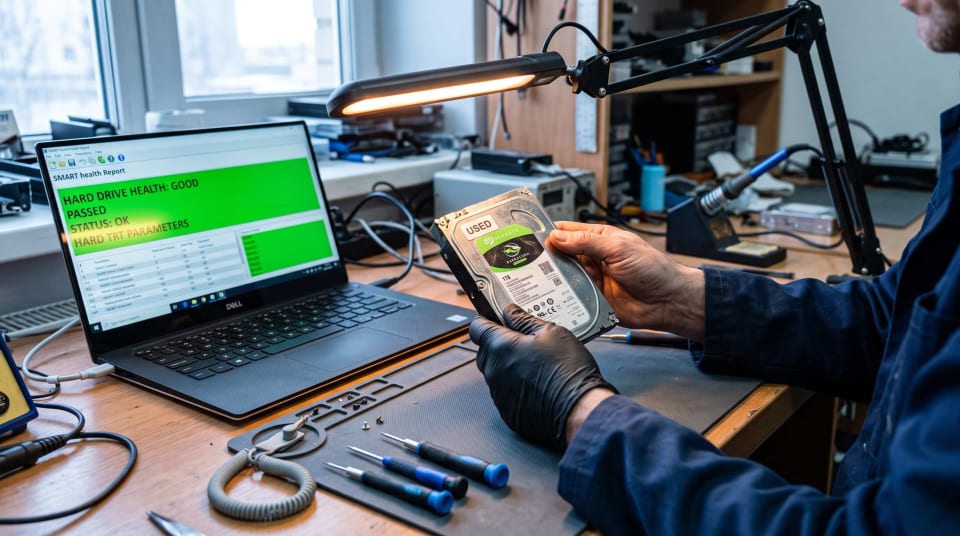 Inspecting a renewed enterprise hard drive for NAS use with a laptop showing a health report