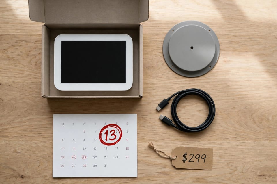 Flat lay of a smart display box and wall mount with November 13 circled, showing HomeView price and release date.