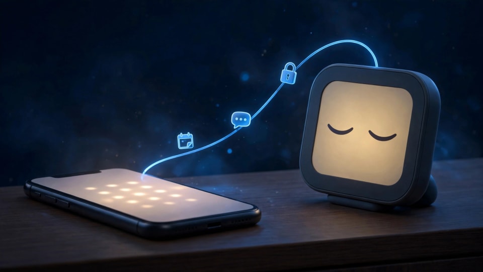 Phone tethered to a smart display by a glowing thread, showing HomeView Siri AI features needing an iPhone.