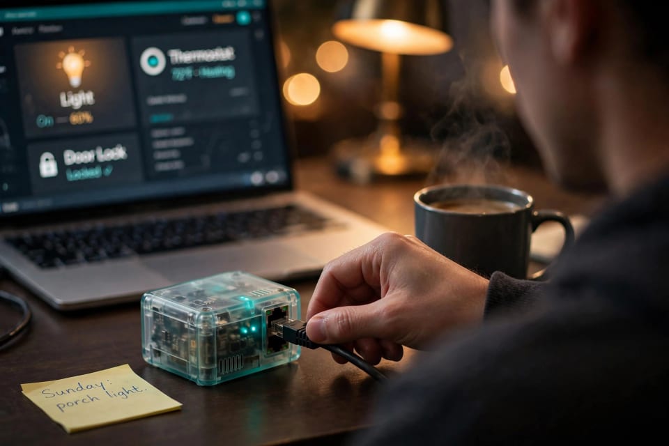 Hands plugging an Ethernet cable into a small controller for Home Assistant smart home hub setup.